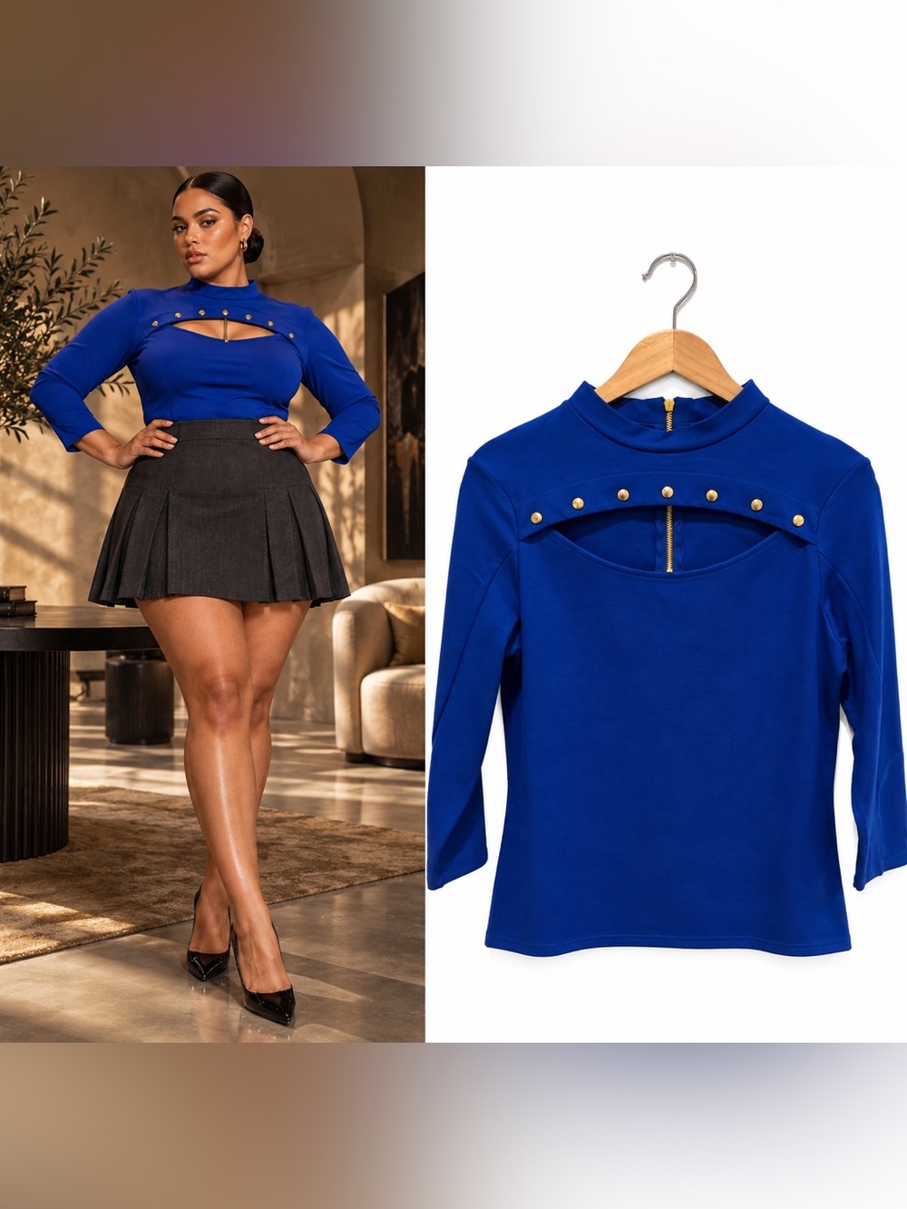 Karen Millen Cobalt Blue Cutout Gold Stud Top Made in UK US 14
